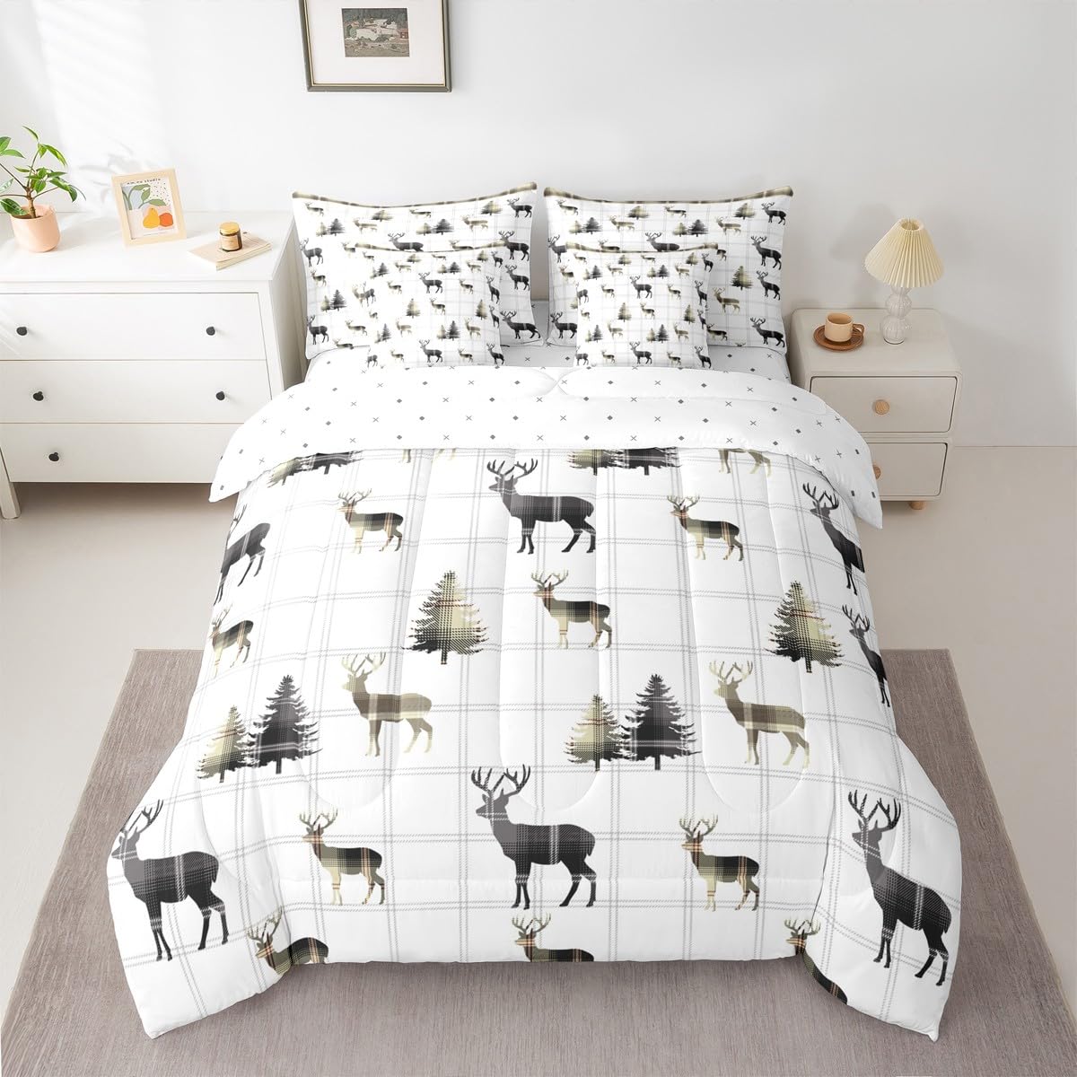 jejeloiu Cute Deer Comforter Set with Sheets 7 Piece Twin Size Antlers Bed in a Bag Kids Boys Girls Pine Tree Bedding Set Bedroom Decor Breathable Soft Lightweight Microfiber