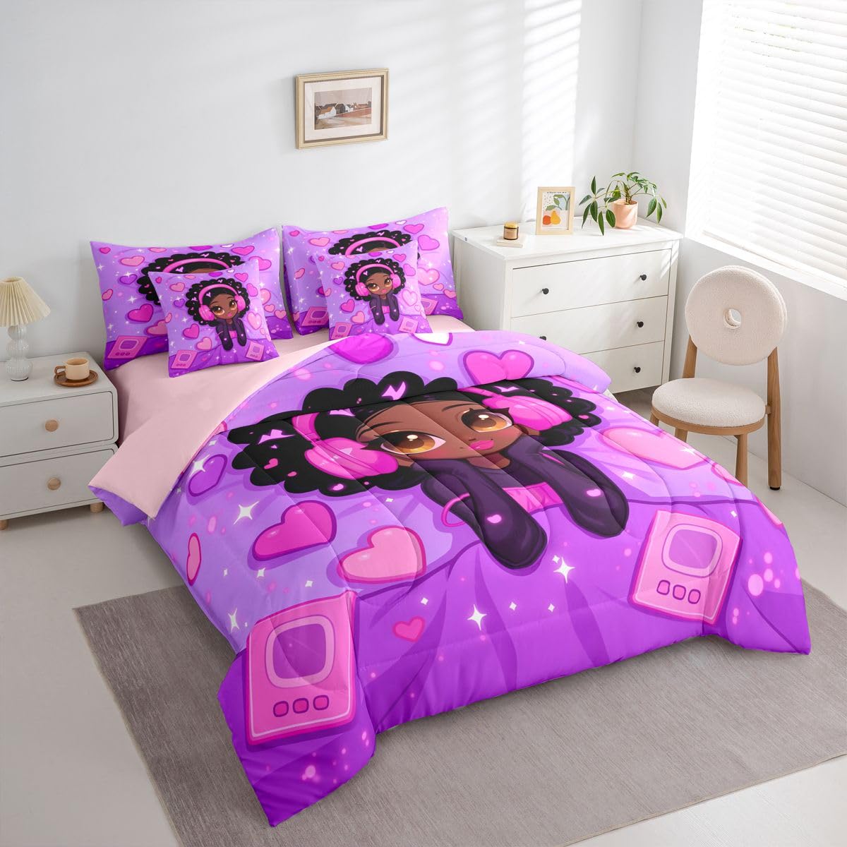 Erosebridal Anime Black Girls Queen Bedding Set Kawaii Pink Headphones Girl Comforter Set with Flat and Fitted Sheet Kids Teen Aesthetic Heart 7-Piece Bed in a Bag Music Theme Quilt Sets