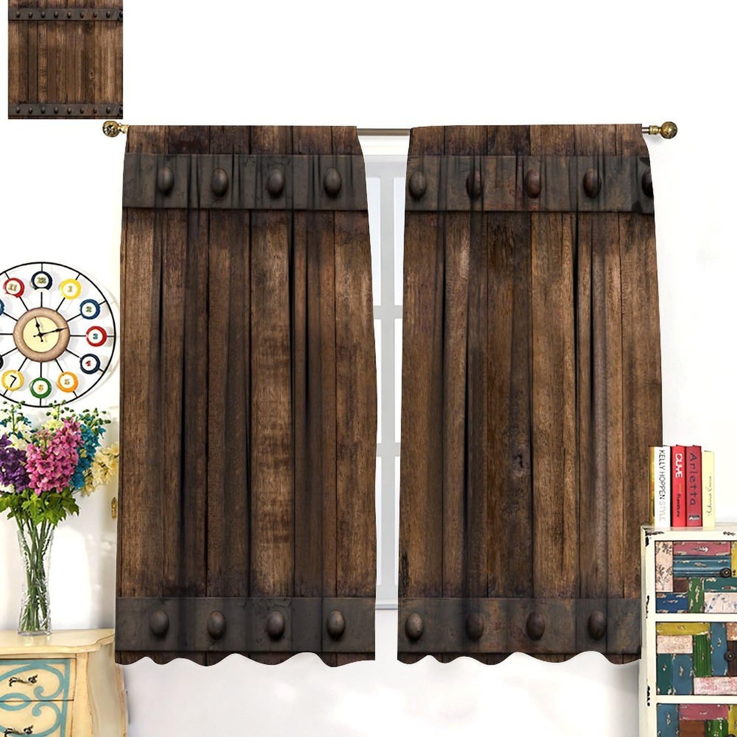Nanacur Rustic Wooden Barn Door Curtains, Wood Brown Old Rod Pocket Window Treatments for Girl Boy Bedroom Living Room Office Drapes 41" W X 45" L (No Blackout)