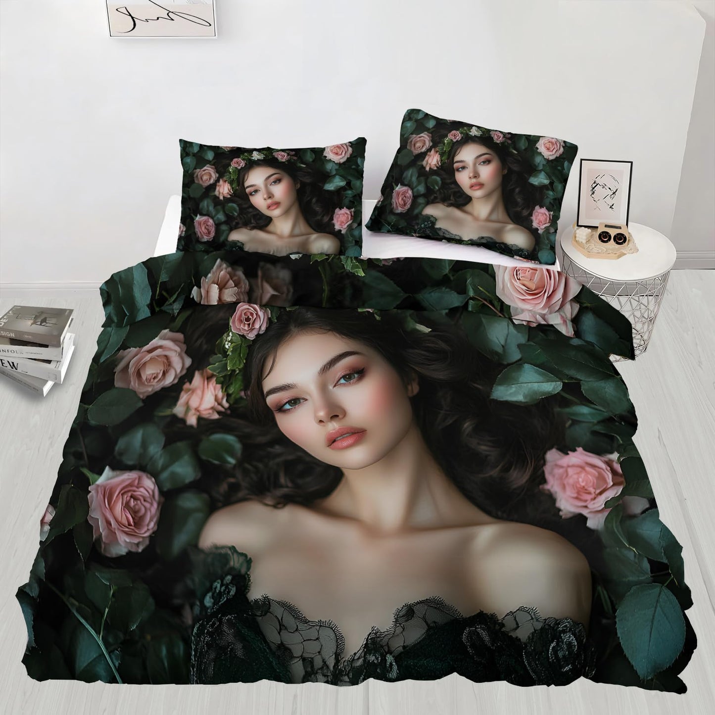 Twin Size Duvet Cover Sexy Beauty Print Duvet Cover Woman Portrait Comforter Cover Rose Bush Bedding Kids Room Bedding Decor (Reversible Printing)