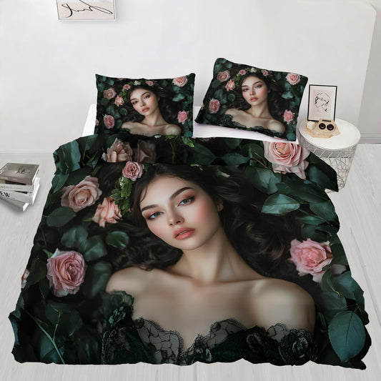 Twin Size Duvet Cover Sexy Beauty Print Duvet Cover Woman Portrait Comforter Cover Rose Bush Bedding Kids Room Bedding Decor (Reversible Printing)