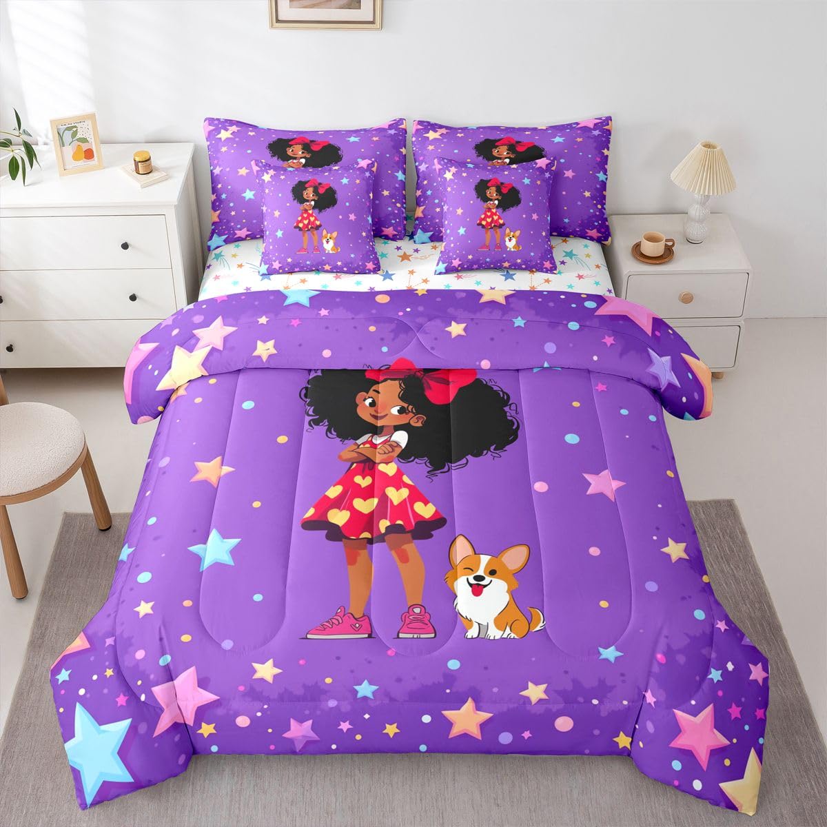 Erosebridal Cartoon Black Girls Queen Bedding Set Coloful Stars Print Comforter Set with Flat and Fitted Sheet Kids Teen Cute Polka Dots 7-Piece Bed in a Bag Kawaii Bow Girl Dog Quilt Sets
