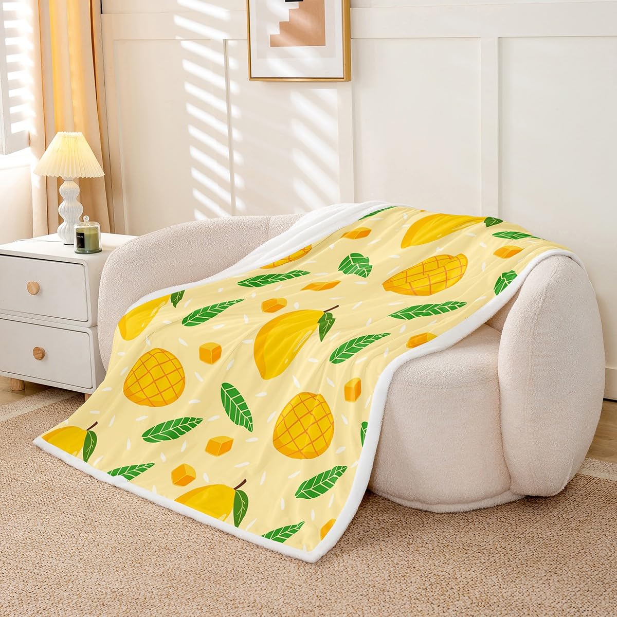 Feelyou Cartoon Mango Sherpa Throw Blanket - Sweet Fruit Plush, Botanical Leaves Fuzzy Blanket for Kids Boys Girls - Orange, 40x50 Inches