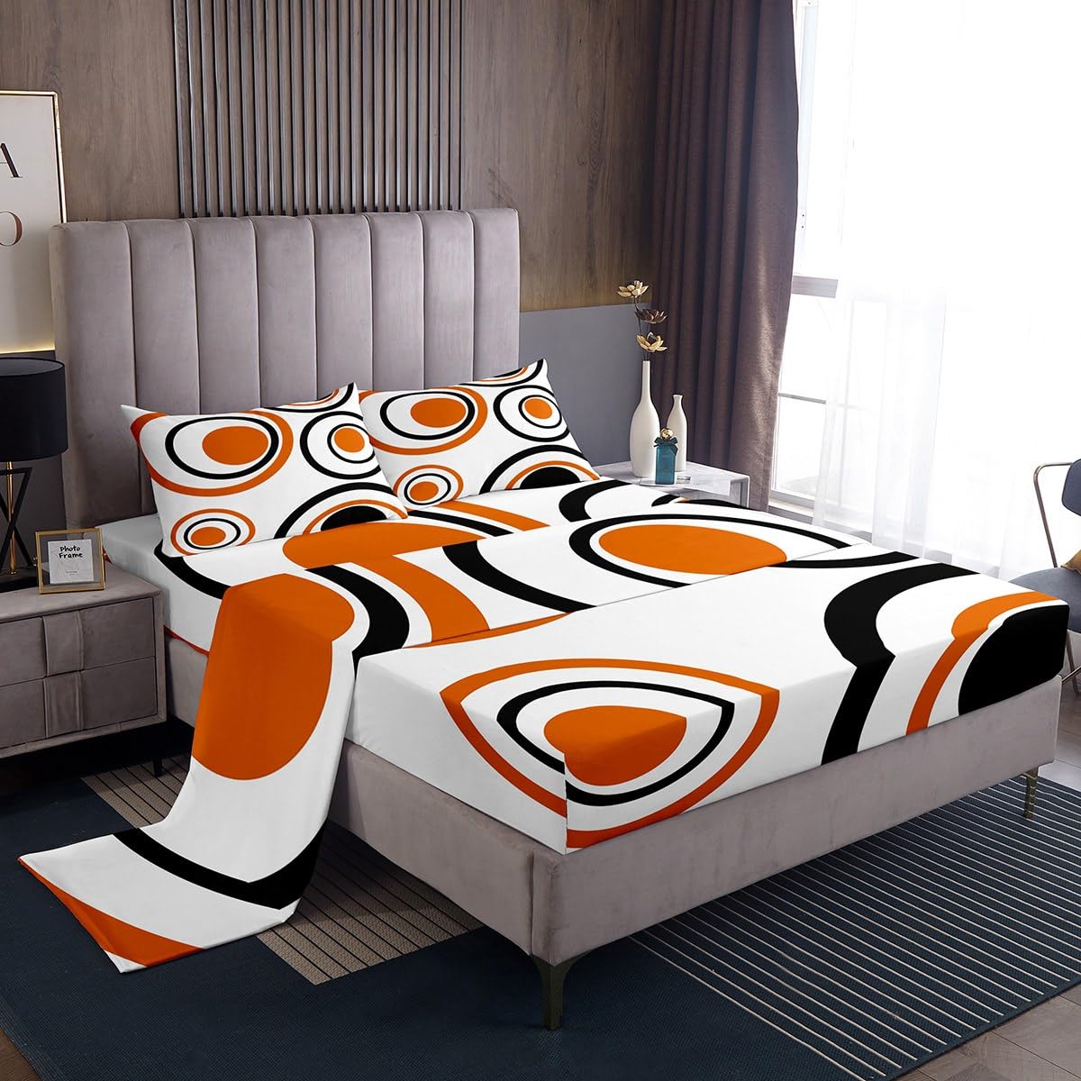 Erosebridal Orange Abstract Bed Sheets Full Size Modern Geometric Circles Flat Fitted Sheet Boho Art Aesthetic Striped Sheet Set Minimalist Black White Abstract Sheets
