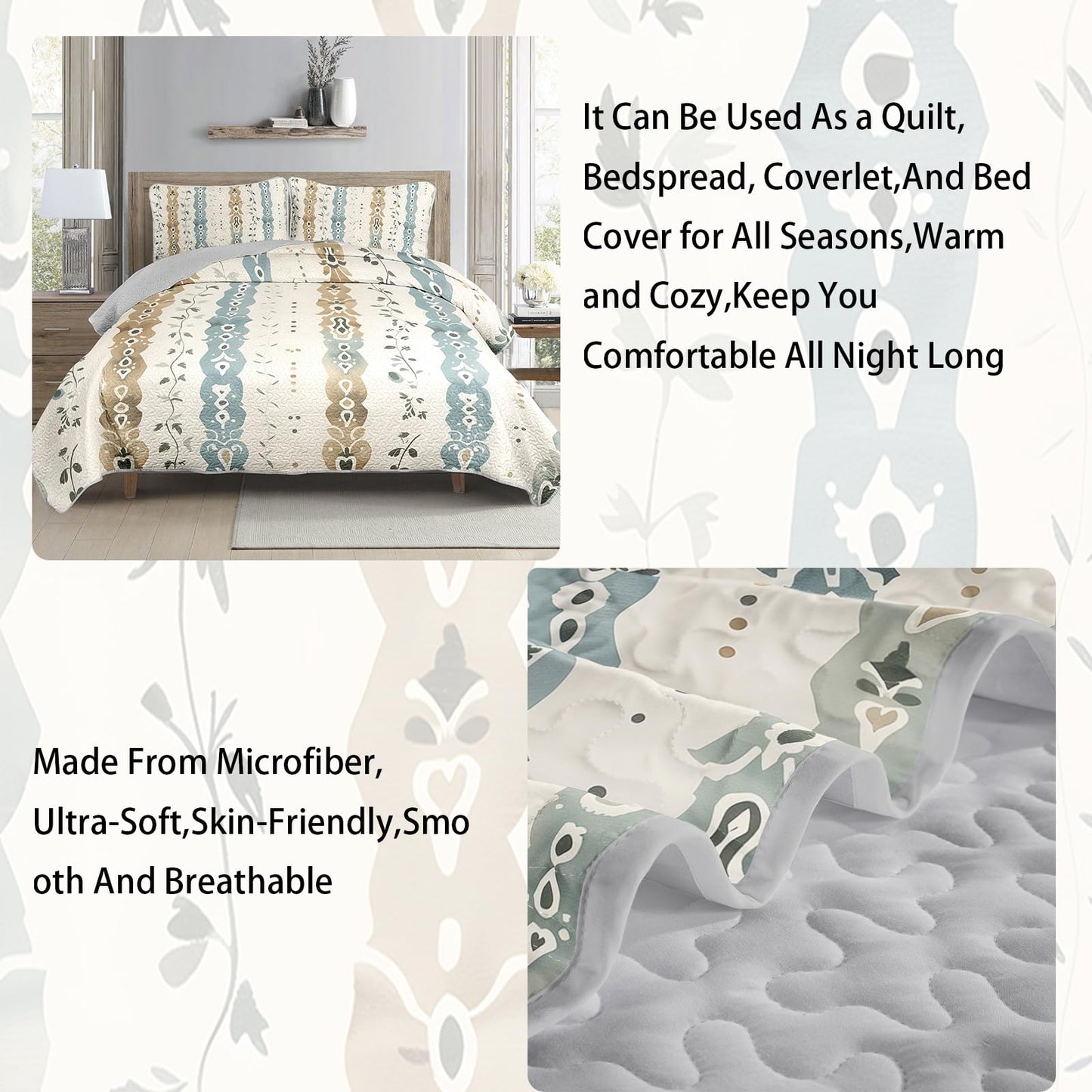 AILONEN King Quilted Comforter 3-Piece Set, Tribal Damask Stripe Bedspread Coverlet 2 Pillowcases, Luxury Master Suite Bedding Adults Sage Tan Brown Farmhouse Rustic Boho Botanical Chic