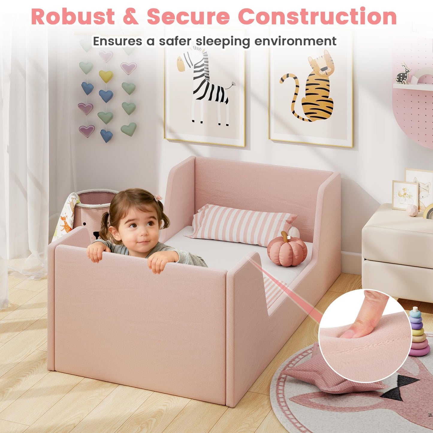 Costzon Toddler Bed, Soft Velvet Fabric Upholstered Children Floor Bed Frame with Safety Rails, No Mattress, Kids Bed for Girl Boys (Wood Foam, Pink)