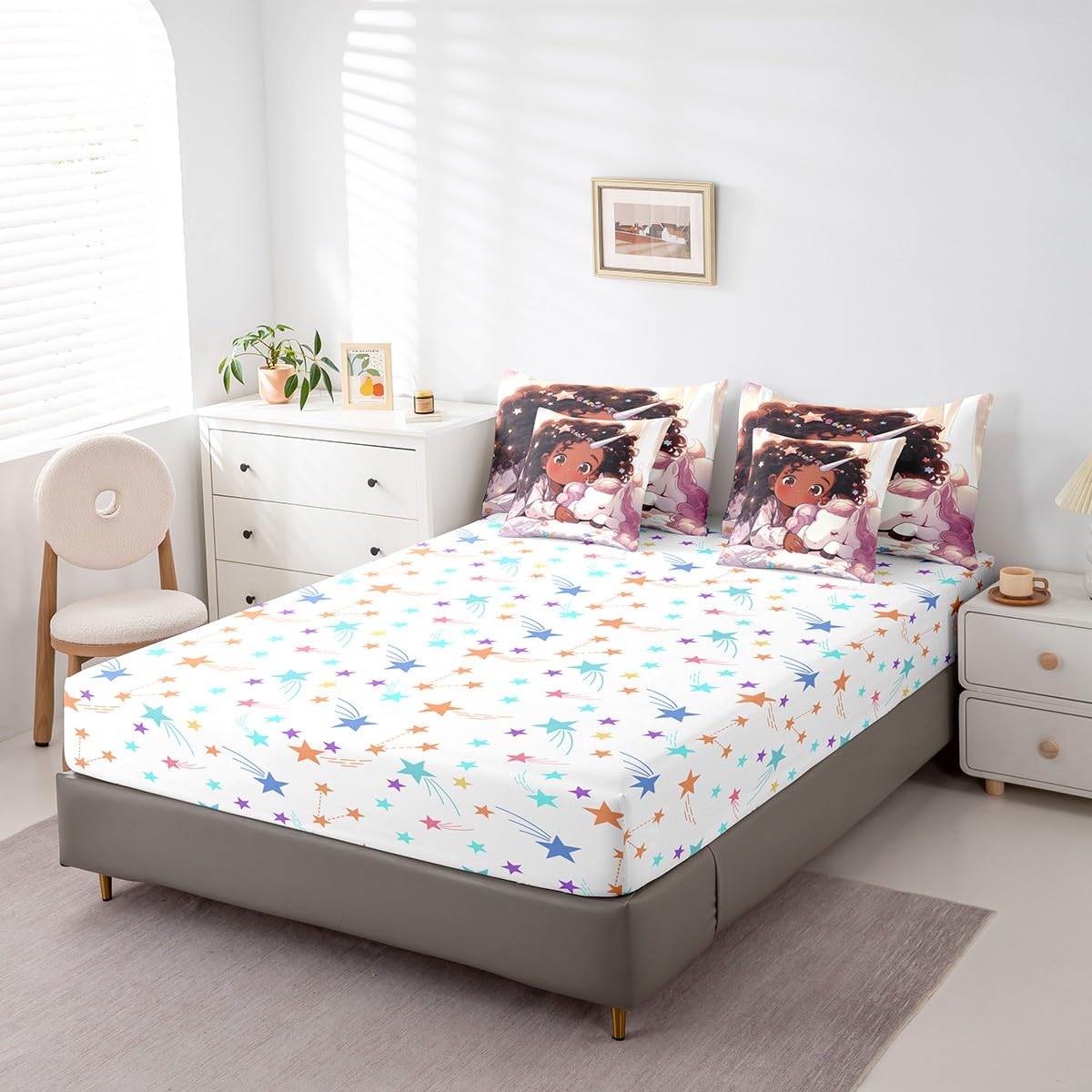 Cute Black Girl 7Pcs Comforter Set Full Size,Unicorn Bedding Sets for Kids Girls Boys,Africa Style American Bed in a Bag Dreamy Stars Fitted Sheet Flat Sheet,2 Throw Pillow 2 Pillowcases