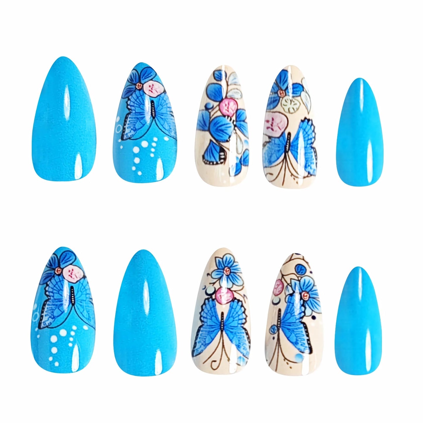 BABALAL Press on False Nails Medium Almond Fake Nails Blue Glue on Acrylic Nails Butterfly Summer 24Pcs Stiletto Full Cover Artificial for Women Girls