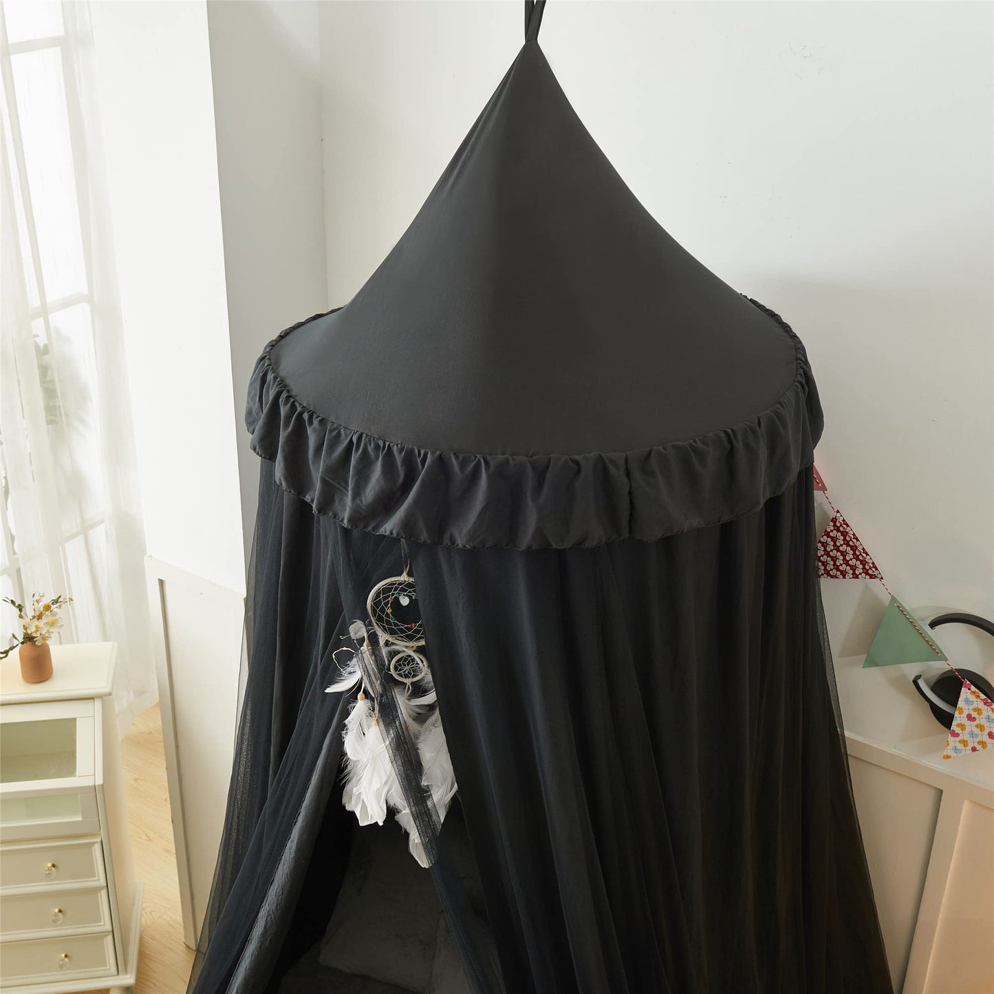VETHIN Bed Canopy for Girls,Princess Round Dome Dreamy Mosquito Net Bedding Girls Room Castle Play Tent Hanging House Decor Reading Nook Canopies (Black/Black)