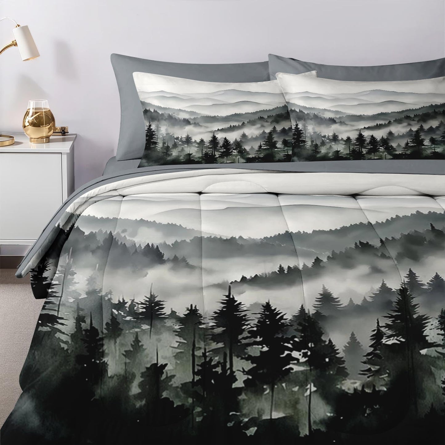 Nesker Comforter Set Full Size, Ink Forest 7 Pcs Bedding for Kids and Adults, Misty Mountains Bed Sheet Sets with Fitted Sheet 2 Pillowcases & 2 Shams