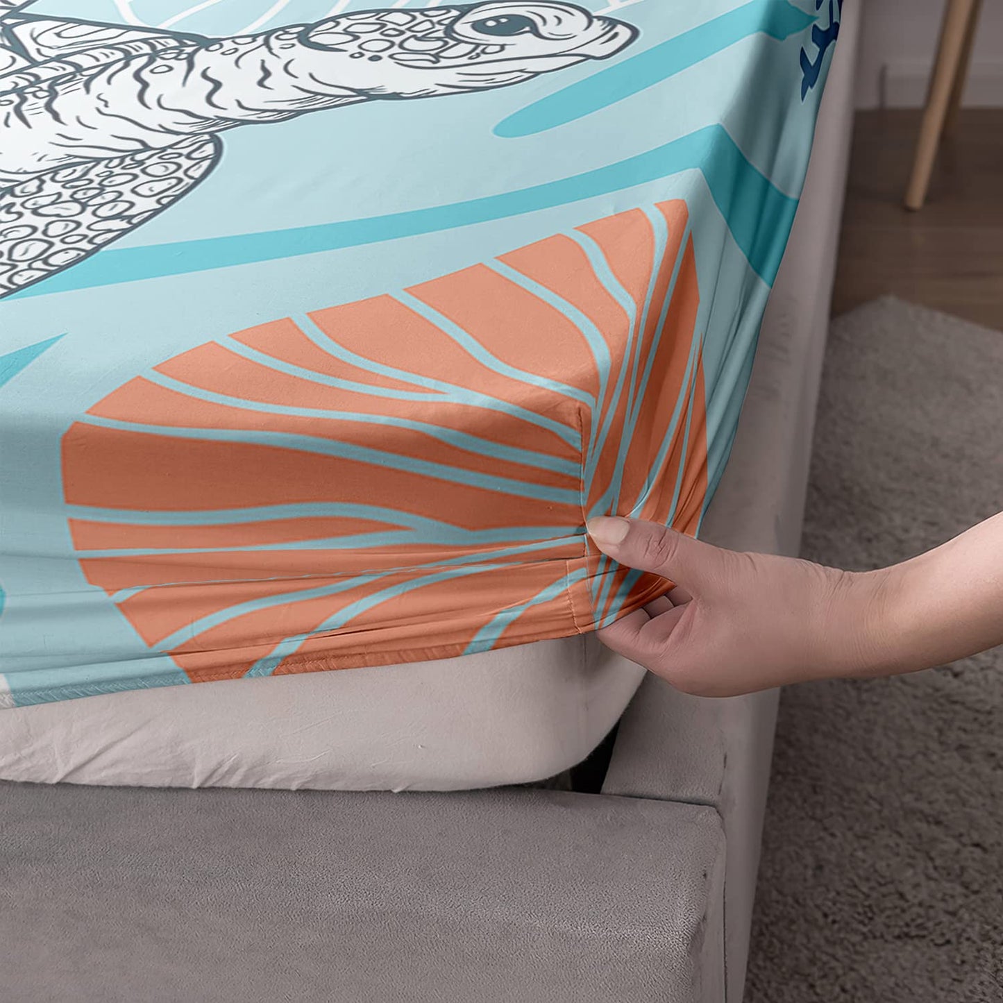HOSIMA Sea Turtle Bedding Set,Coastal Beach Themed Bedroom Fitted Sheet Queen Size for Kids Teen Girls Boys Room Decor,1 Fitted Sheet+2 Pillowcases.