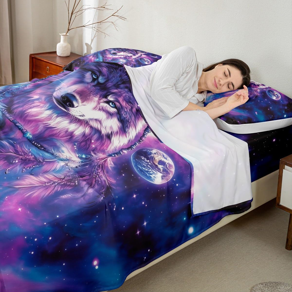 Erosebridal Full Wolf Bed Set Tribal Animal Bed Sheets Set Bohemian Feather Wildlife Flat Fitted Sheet for Kids Adult Women Men Starry Sky,Purple Bedding Sets for Bedroom Decor with 2 Pillow Cases