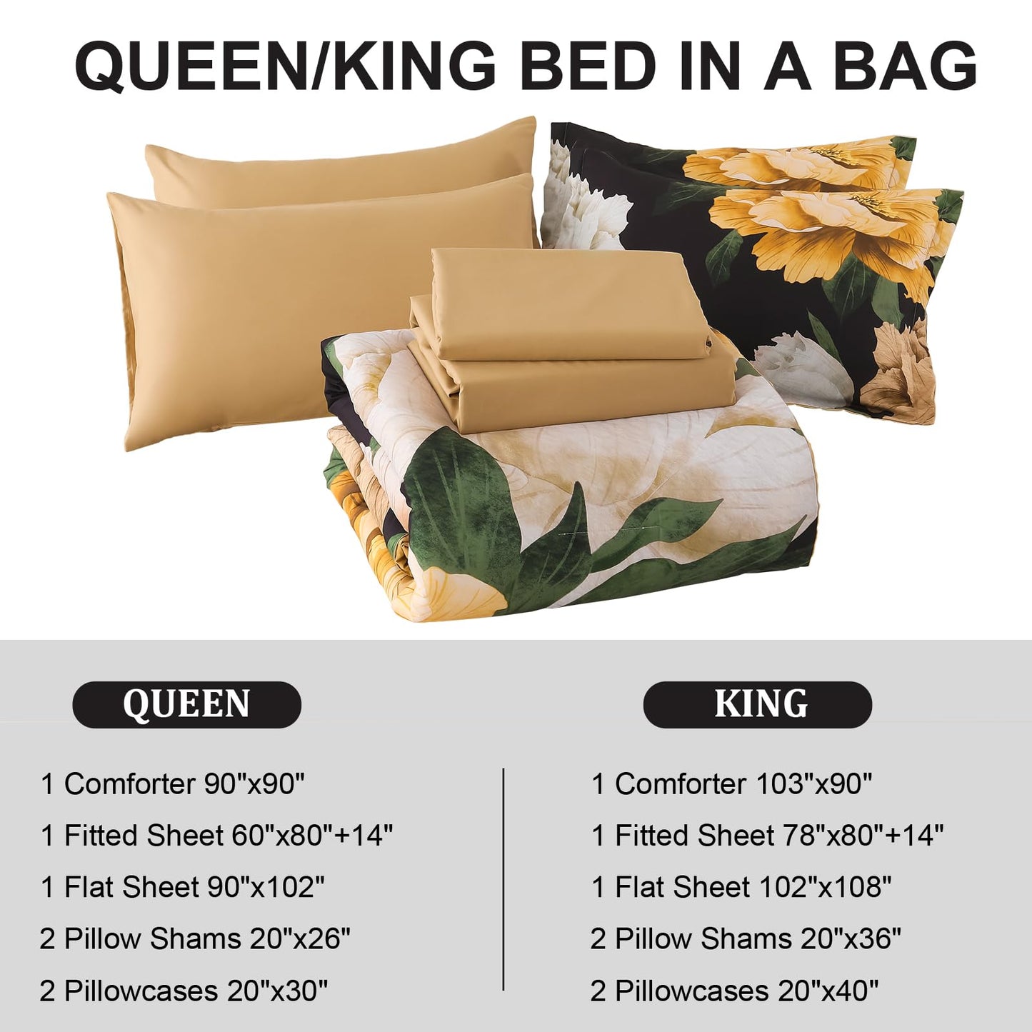 Dobuyly Black Floral Comforter Set Queen 7 Piece Bed in a Bag, Yellow Brown Flower Printed on Black Comforter Set with Sheets, Soft Microfiber Botanical Boho Bedding Set for All Season