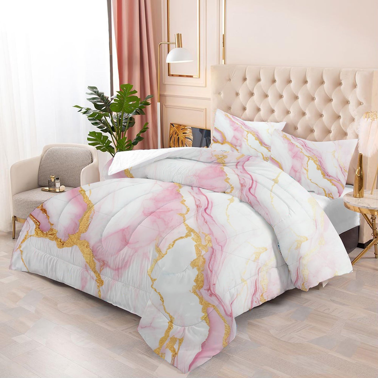 EDGZKO Comforter Set Pink Marble: King Size Bedding Sets for Women Girls Teens Bedroom Luxury Pink Gold Glitter Abstract Marbling Pastel Bed Set 1 Comforter & 2 Pillowcases