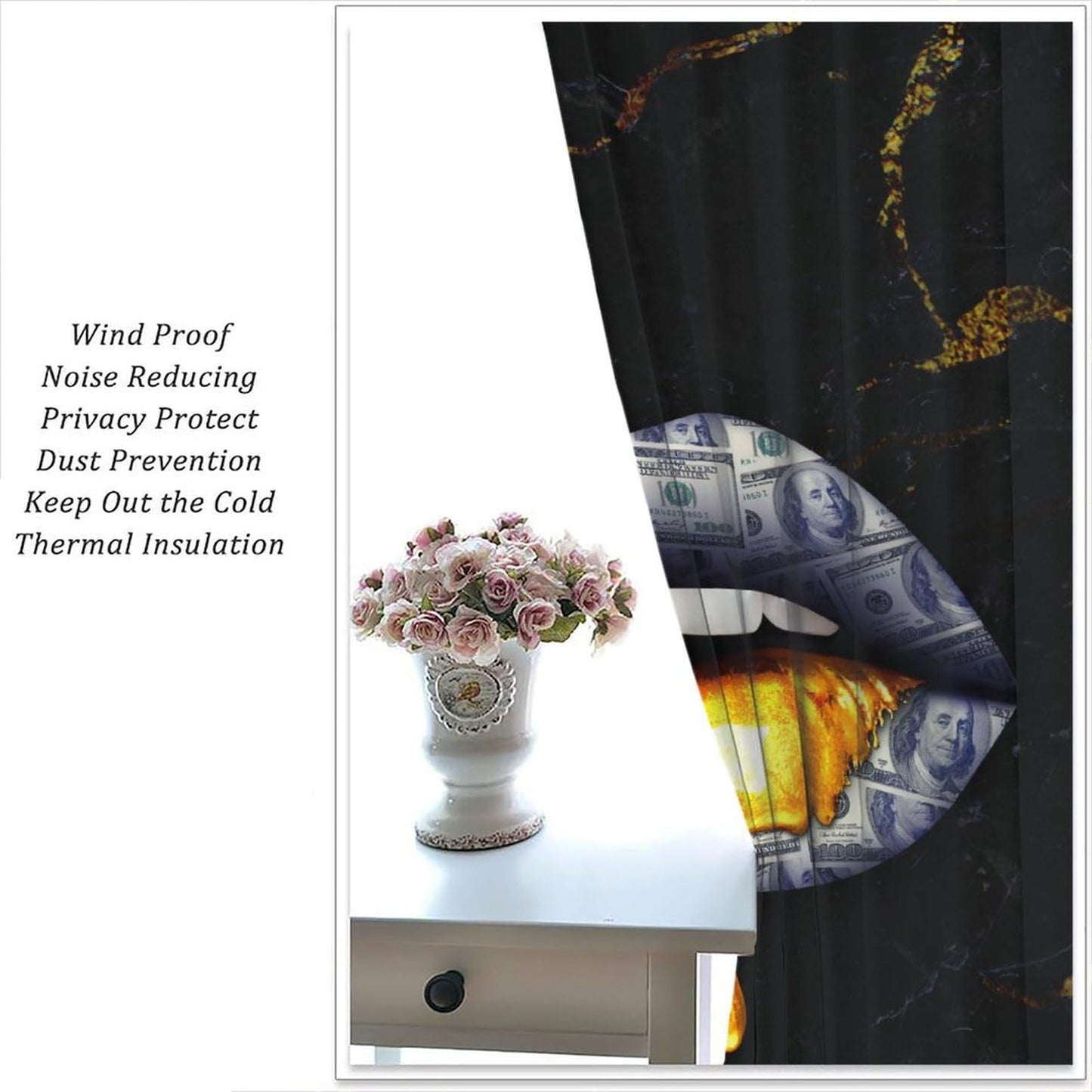 SENQIAN Abstract Money Lips Curtains Modern Marble Dollar Art Printed Rod Pocket Blackout Window Drapes for Living Room Bedroom Kitchen Cafe Decor W21xL45inx2 Decor