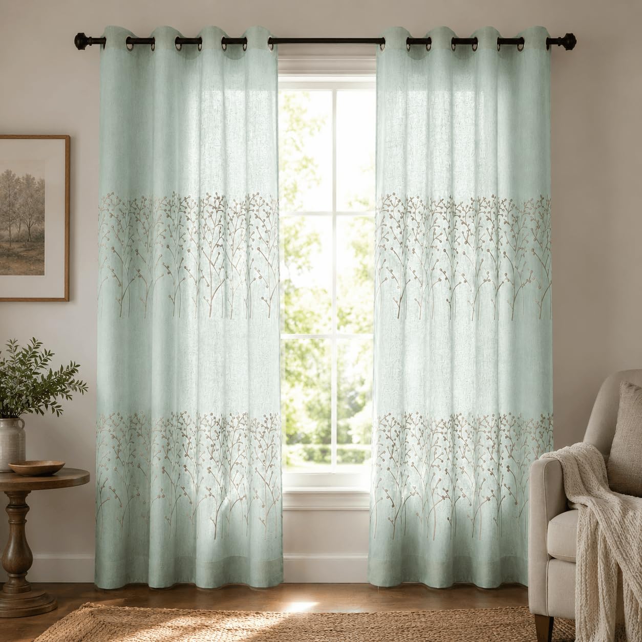 VOGOL Faux Linen Branch Embroidered Grommet Curtains, 2 Panels, 52 x 84