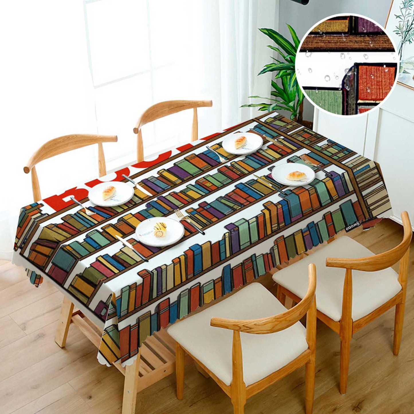 Swono 52x70 Inch Bookshelf Tablecloth Library Bookshelves Books and Ladder Farmhouse Dining Table Cloth Anti-Stain Talking Table Cover for Kitchen Dinning Room Coffee Store