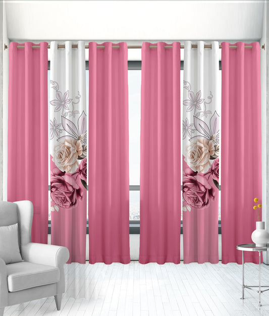 Reylox Pink Rose Floral Curtains with Grommets, 6 Pcs Set (2 Print Curtains, 4 Solid Curtains, 38"x84"), Patterned Decorative Curtains for Bedroom, Machine Washable Elegant Curtains