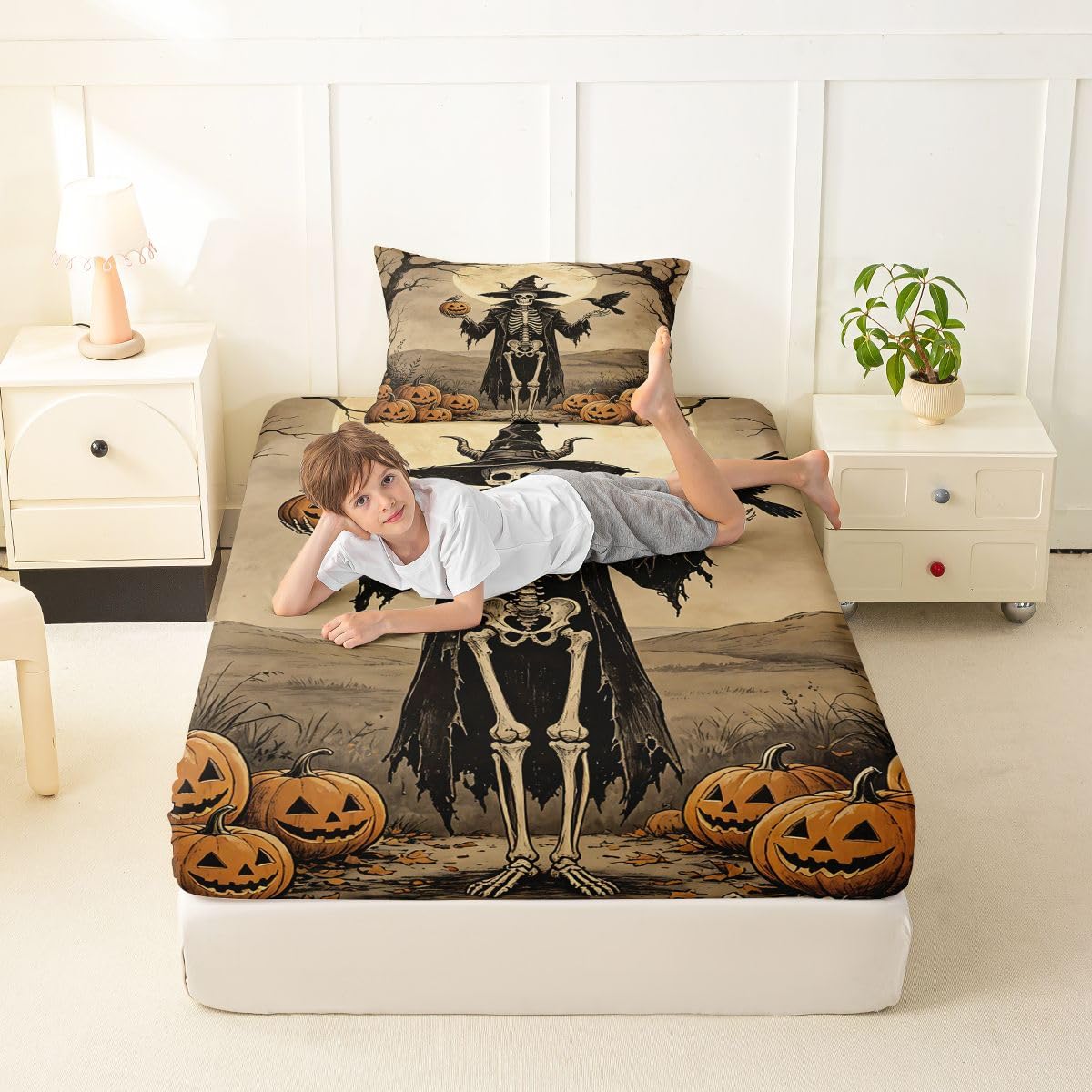 Erosebridal Halloween Skeleton Bed Sheets Twin Size Raven Full Moon Sheet Set Kids Adults Harvest Pumpkin Bedding Set Rustic Spooky Western Art Sheets