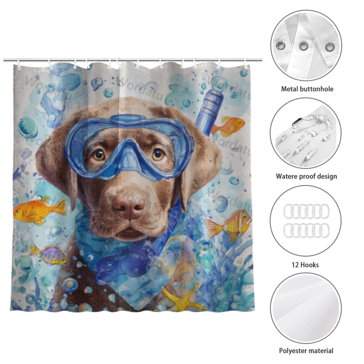 Wordatu Funny Labrador Retriever Shower Curtain Teal Blue Sea Ocean Waterproof Fabric Shower Curtains for Bathroom with Animal Starfish Nautical Bathroom Curtain 72x72 Inches