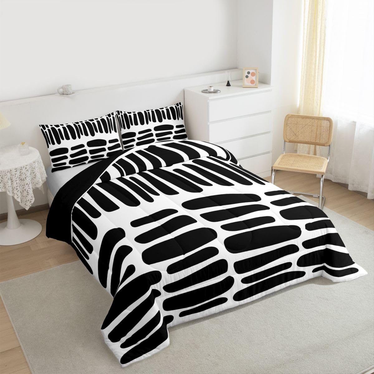 jejeloiu Modern Geometric Bedding Set Soft for Boys Girls, Black White Abstract Comforter Set Queen Size Boho Duvet Quilt Microfiber Luxury Bedroom Decor 3 Pcs with 2 Pillow Cases