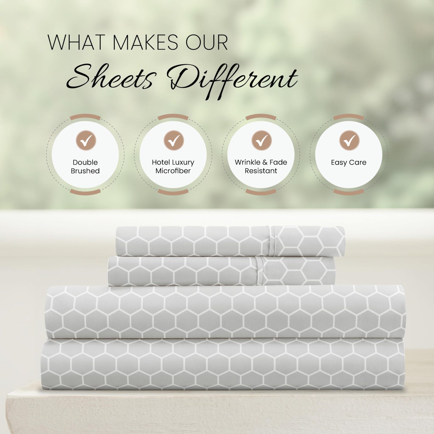 Linen Market 4 Piece King Sheet Set - Breathable, Double-Brushed Patterned Cooling Sheets – Oeko-TEX Certified Ultra Soft & Wrinkle-Free 16" Deep-Pocket King Sheets - Easy Care Honeycomb Light Gray