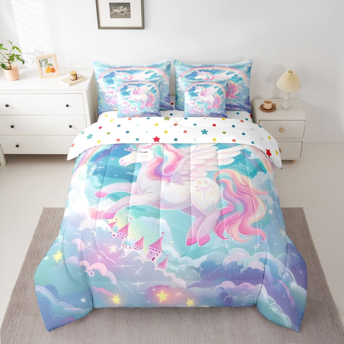 Feelyou Pink Unicorn Twin Comforter Set with Sheets for Kids Boys Girls Rainbow 7 Pieces Bedding Set Princess Decor Bed in a Bag Cute Animal Room Decor Soft Lightweight Microfiber
