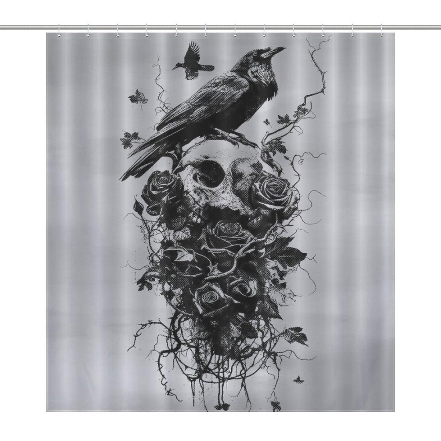 Drapeloft Skull Shower Curtain, Gothic Crow Rose Botanical Floral Mysterious Aesthetics Art Print Waterproof Fabric Bathroom Curtain with Hooks, 72"x72" Inch