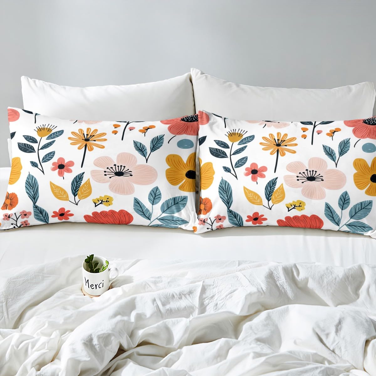 Erosebridal Full Floral Flat Fitted Sheet Rustic Flower Bedding Sets Pastoral Style Bed Sheets Set Green Leaves Branches Bedding Sets for Kids Adult Men Women, Colorful with 2 Pillow Cases