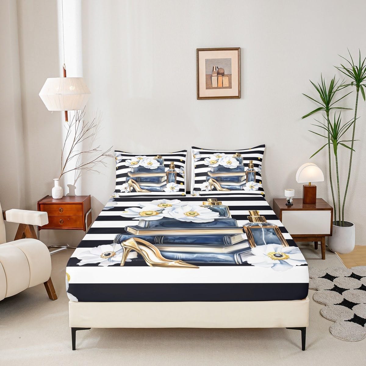 Erosebridal Modern Chic Fashion Sheet Set King Women Trendy Aesthetic Floral Bed Sheets for Girls Teens Navy Blue Watercolor Book and Perfume Sheets Boho Black and White Abstarct Striped Bedding Set