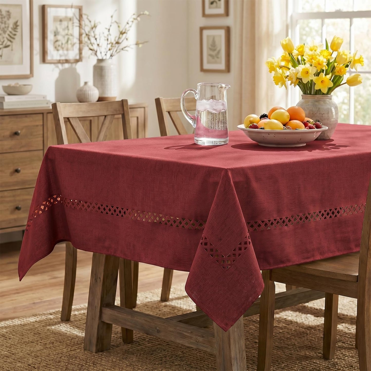 Horaldaily Red Farmhouse Style Tablecloth with Decorative Cutouts, 60×104 Inch Rectangular Polyester Table Cloth, Wrinkle Resistant Washable Table Cover for Dining Wedding and Outdoor