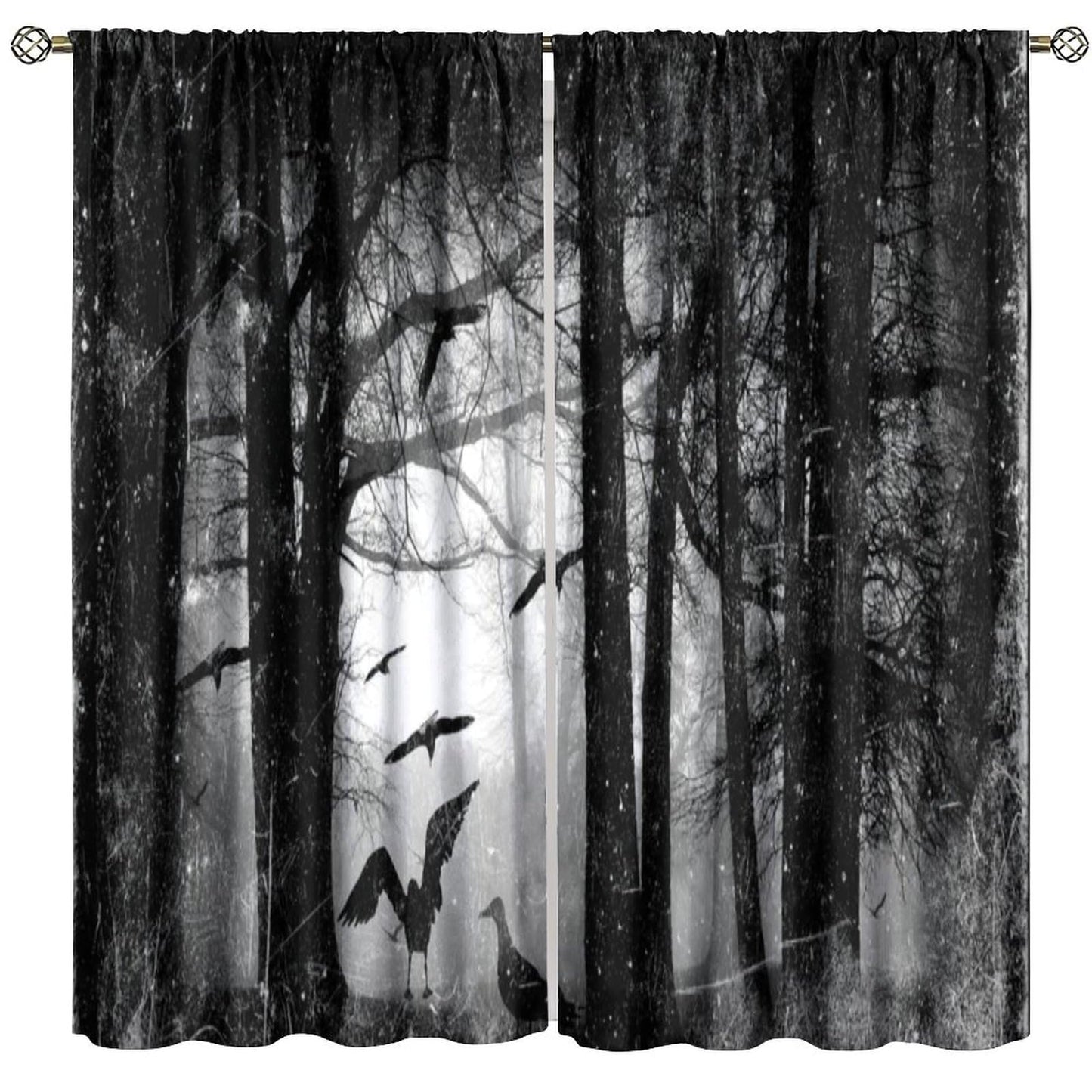 SHElifestyle Gothic Forest Window Curtains, Foggy Mysterious Ghost Window Treatments, Halloween Spooky Black Crows Cobwebs Drapes for Bedroom Living Room W42 X L45
