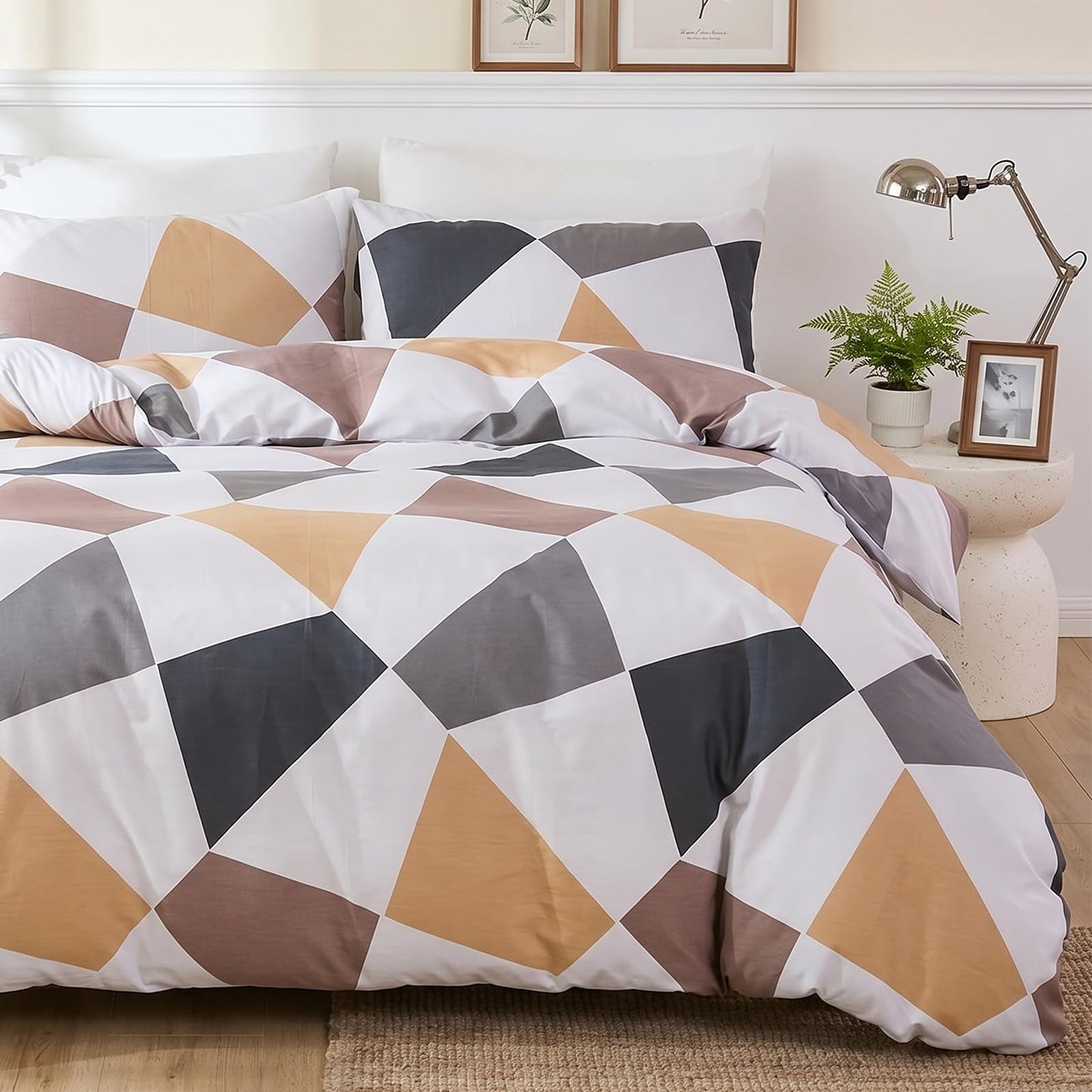 Cozaline 100% Cotton Duvet Cover Set King – Yellow Grey Nordic Triangle Bedding Set 3 Pieces, Light Reversible Comforter Cover with Zipper Closure, Minimalist Geometric Abstract Bed Set