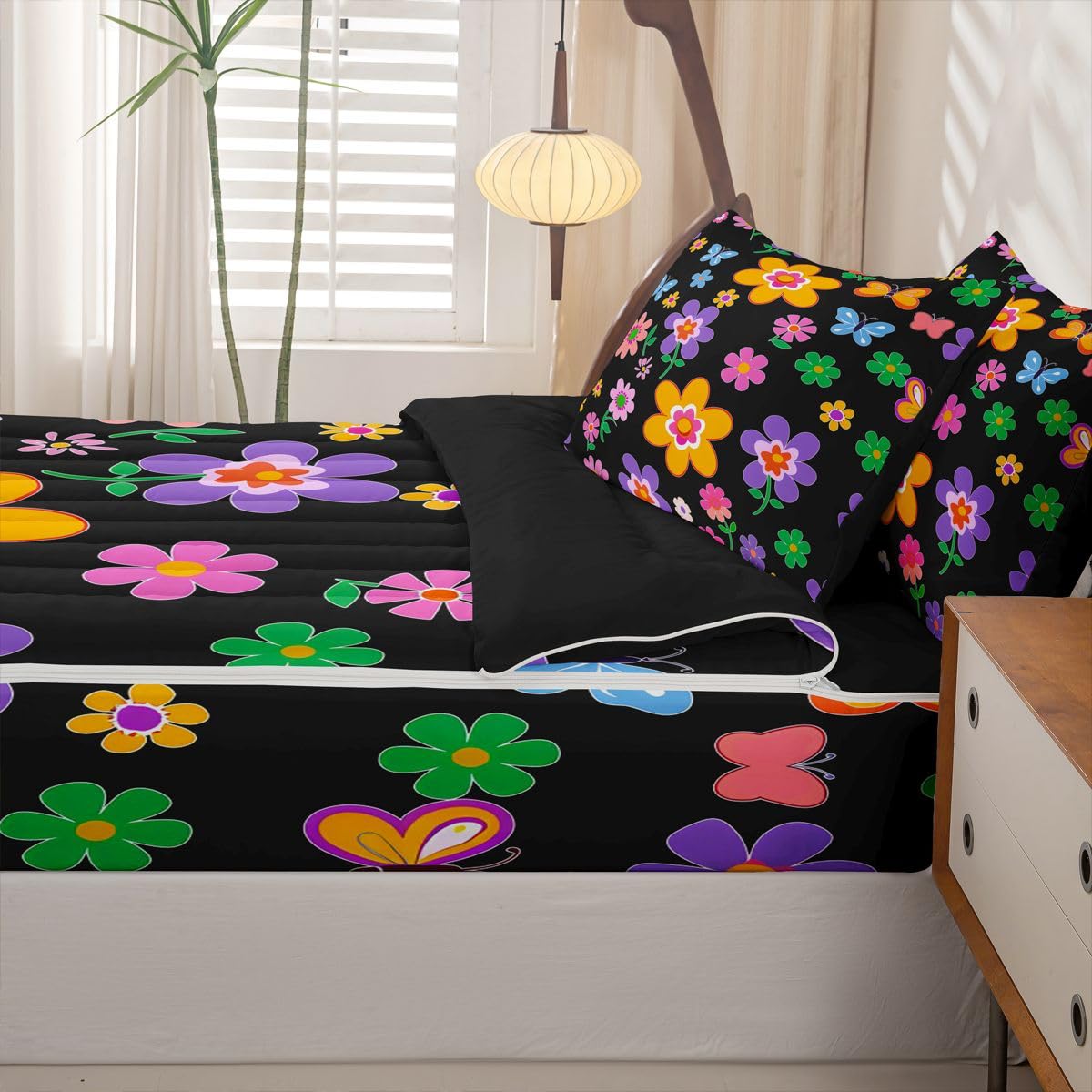 Feelyou Cute Flower Zipper Bedding for Kids Cartoon Botanical Floral Queen Comforter Set with Fitted Sheet 2 Pillowcases Aesthetic Flower Bed in a Bag Soft Lightweight Microfiber