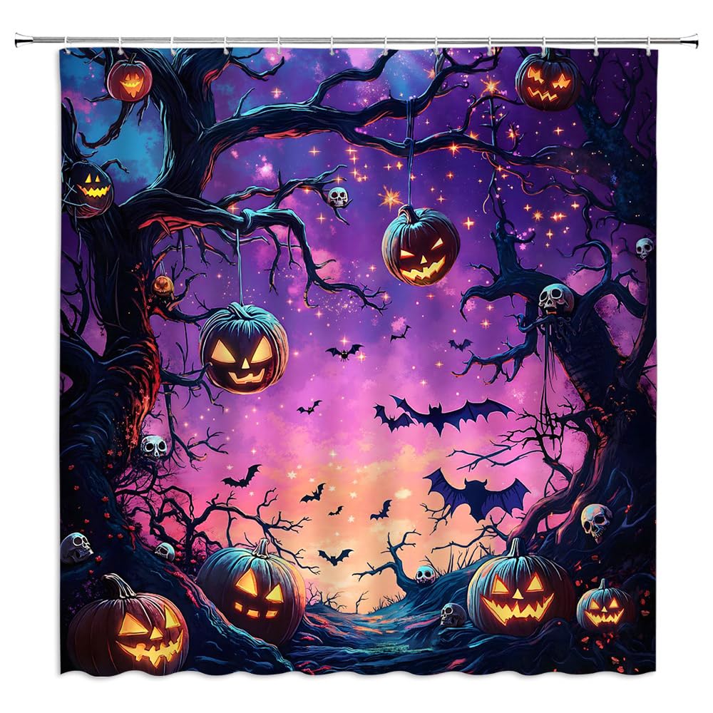 YSSFAV Purple Halloween Shower Curtain Spooky Pumpkin Fantasy Starry Sky Scary Night Bats Black Tree Horror Skull Gothic Bathroom Decor Curtains Set with Hooks, 70" W x 70" H
