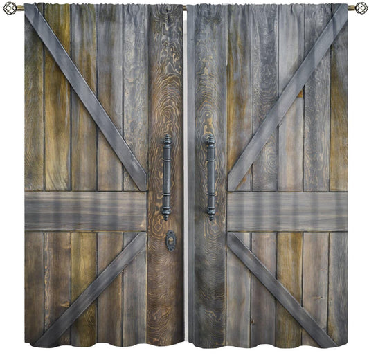 Western Vintage Barn Door Curtain, Retro Rustic Grey Yellow Double Wooden Door Pattern Print Decor Rod Pocket Window Treatments, for Living Room Bedroom 42" W X 45" L