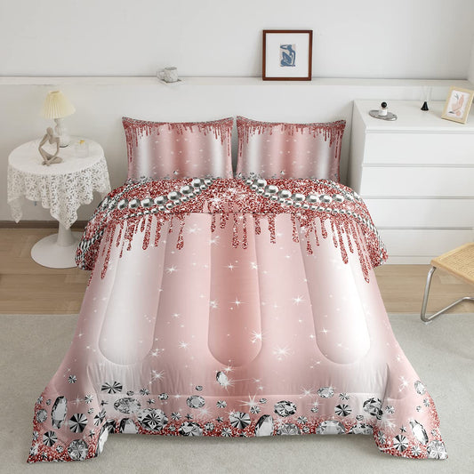 Pink Glitter Bedding Set Queen Women Girls Diamond Jewelry Pearls Comforter Set 3pcs Kids Teens Starry Galaxy Quilted Duvet for Modern Room Decor Fantasy Sparkling Bedspread,2 Pillowcases