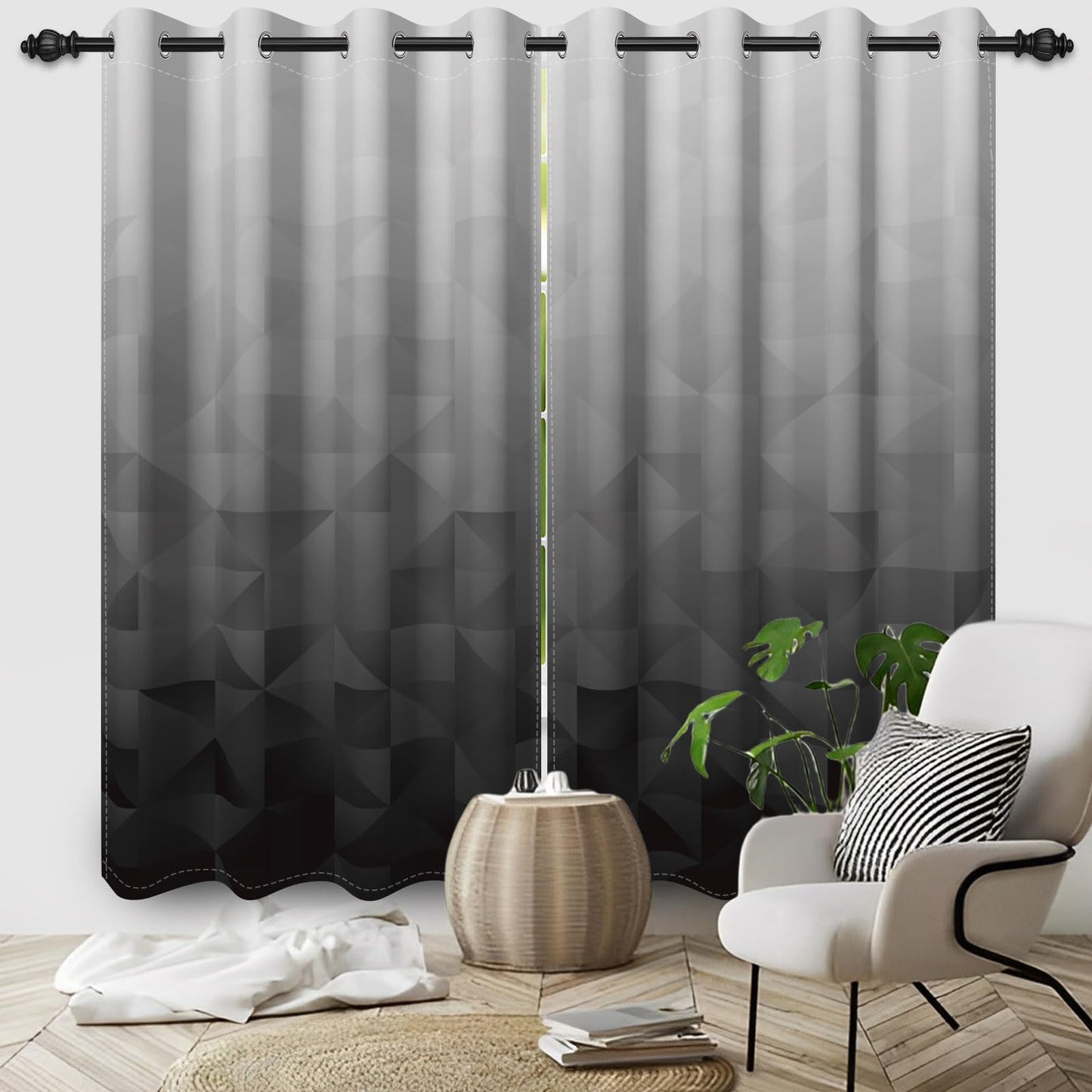 Xiazhilaio Gray Ombre Blackout Curtains 52 x 84 Inch, 2 Panels Gradient Geometric Print Drapes with Grommet Top, Modern Minimalist & Urban Style Window Treatment for Bedroom Living Room