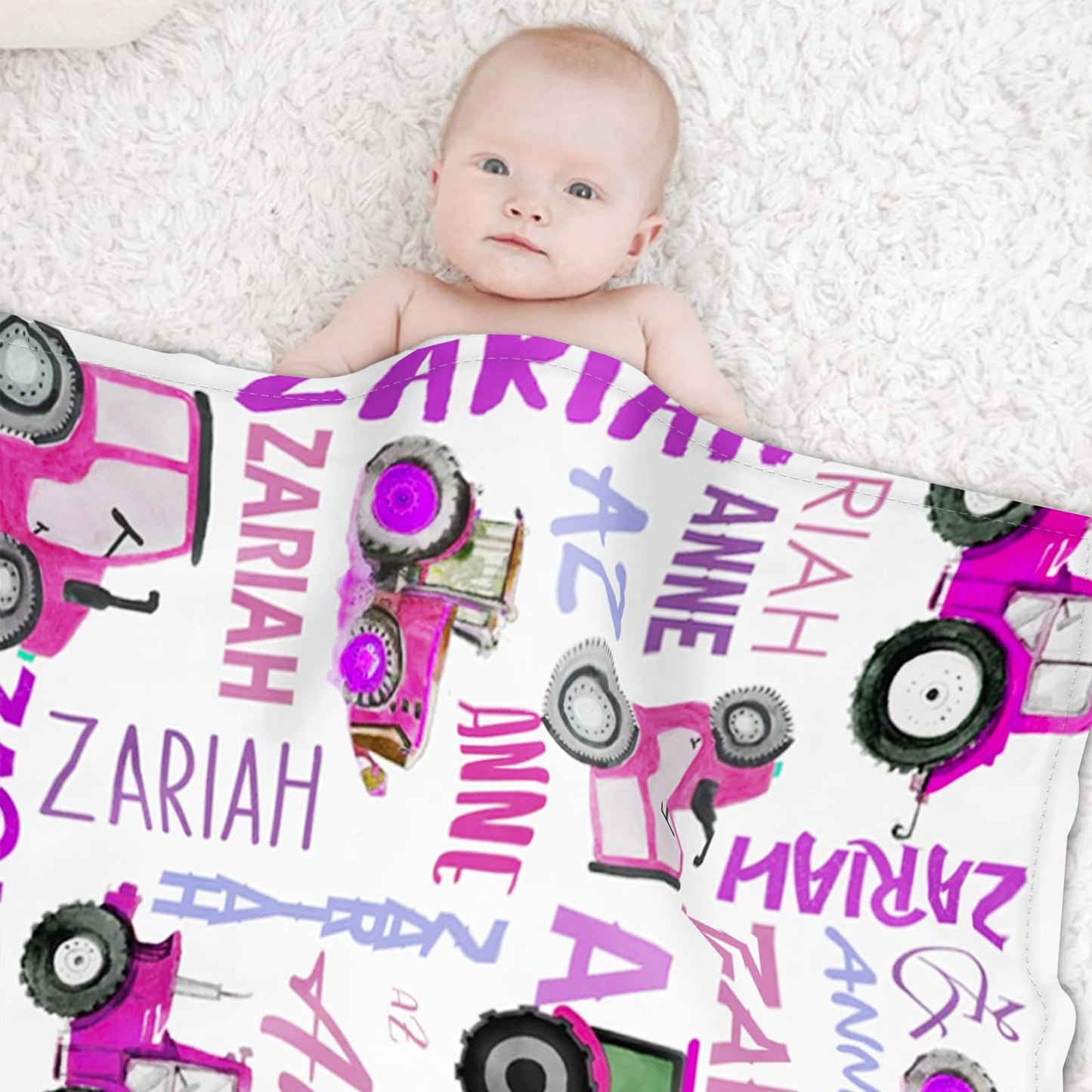 Personalized Tractors Blanket - Custom Name with Farm Tractor Trucks Design - Soft Plush Flannel Bed Blanket for Baby Kid Teen Boys Girls Customized Gifts White & Purple