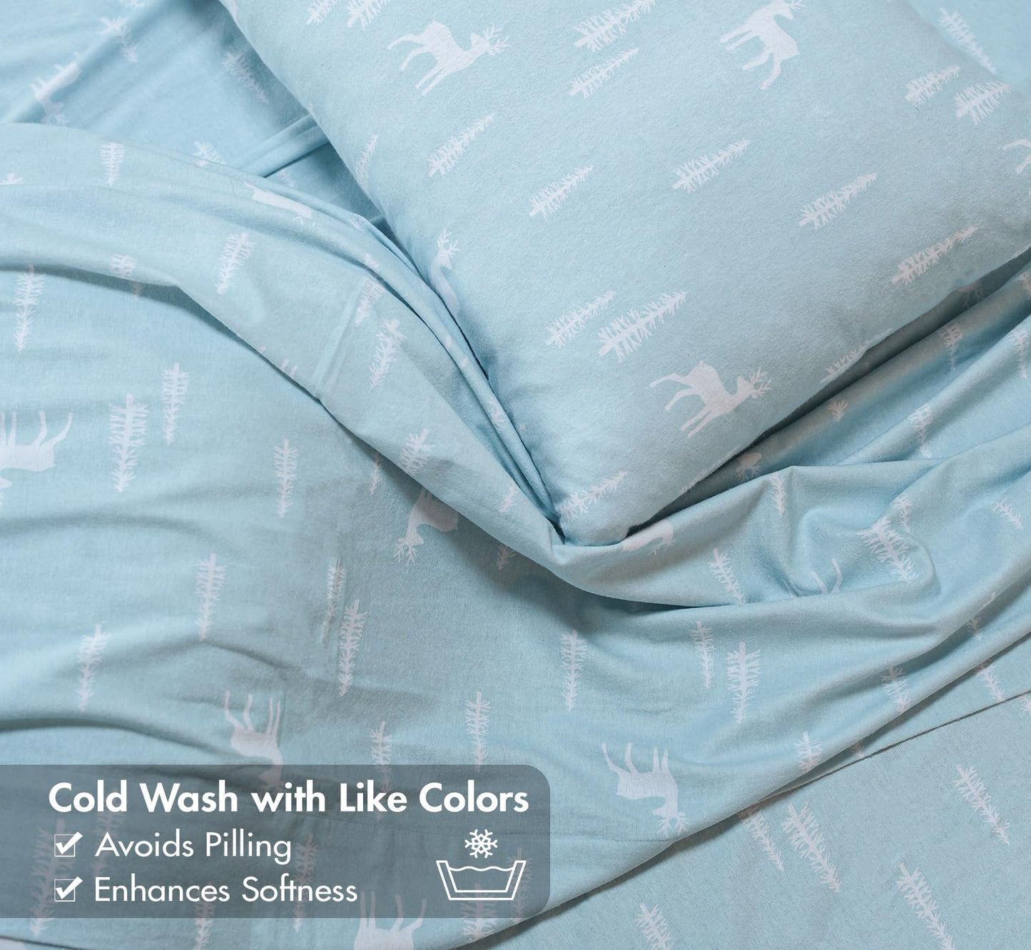 RUVANTI Flannel Sheets Queen Size - GOTS Certified 100% Organic Cotton, 4 Piece Warm, Soft & Breathable Set, Deep Pocket Snug Fit, Double Brushed Cozy All Season Bedding, Blue Pine