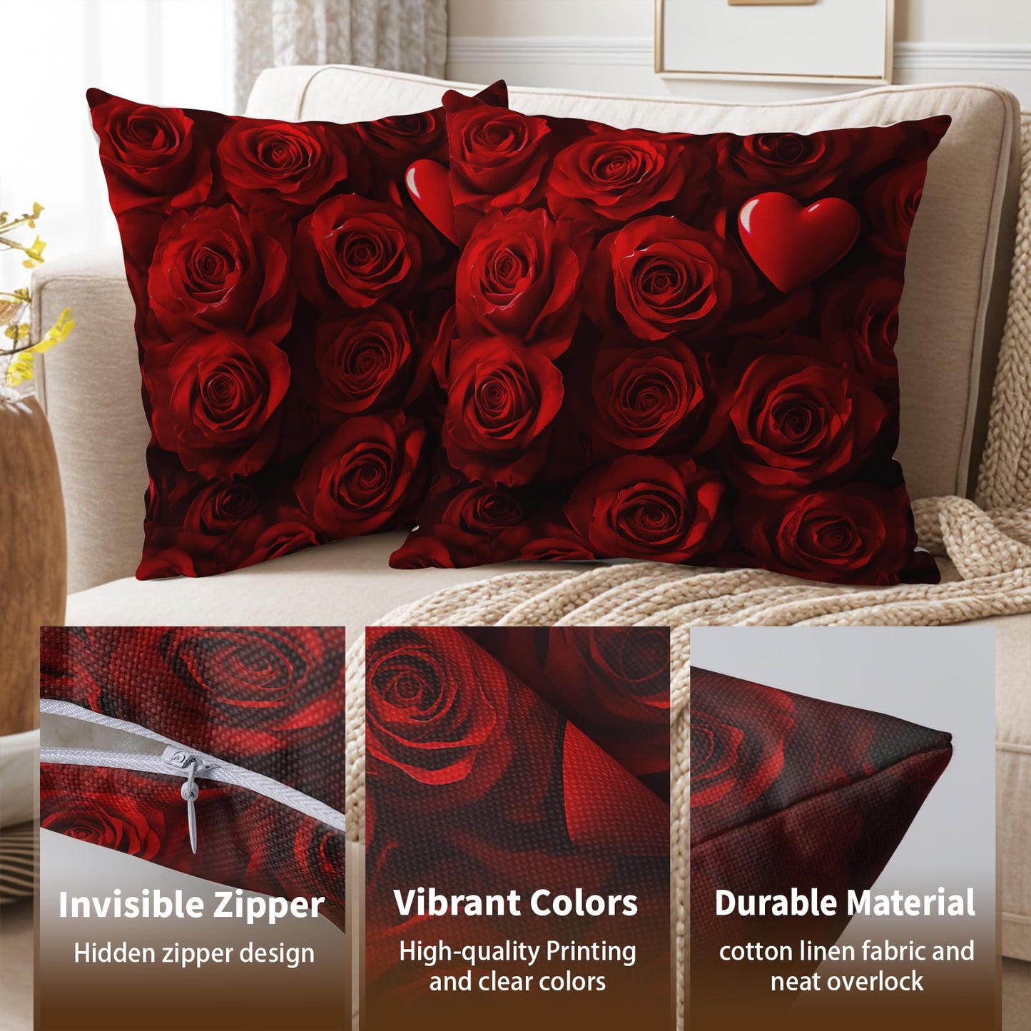 Valentines Day Pillow Covers 18X18 Inch Red Heart Rose Floral Decorative Pillow Cases Wedding Mother's Day Anniversary Cotton Linen Throw Pillows Set of 2 Home Decor For Sofa Couch Bedroom Outdoor