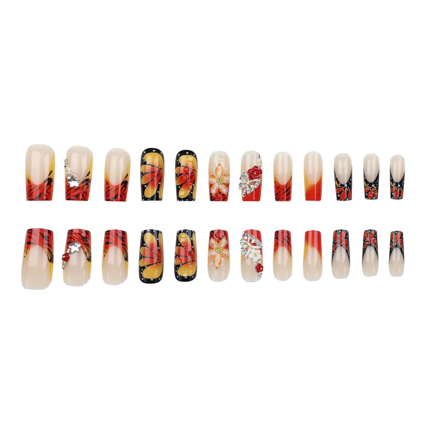MERVF Press on Nails Long Square, Orange Black French Tip Fake Nails, 3D Flower Butterfly Glue ons Charms Acrylic Nail Ombre Design Glossy 24pcs