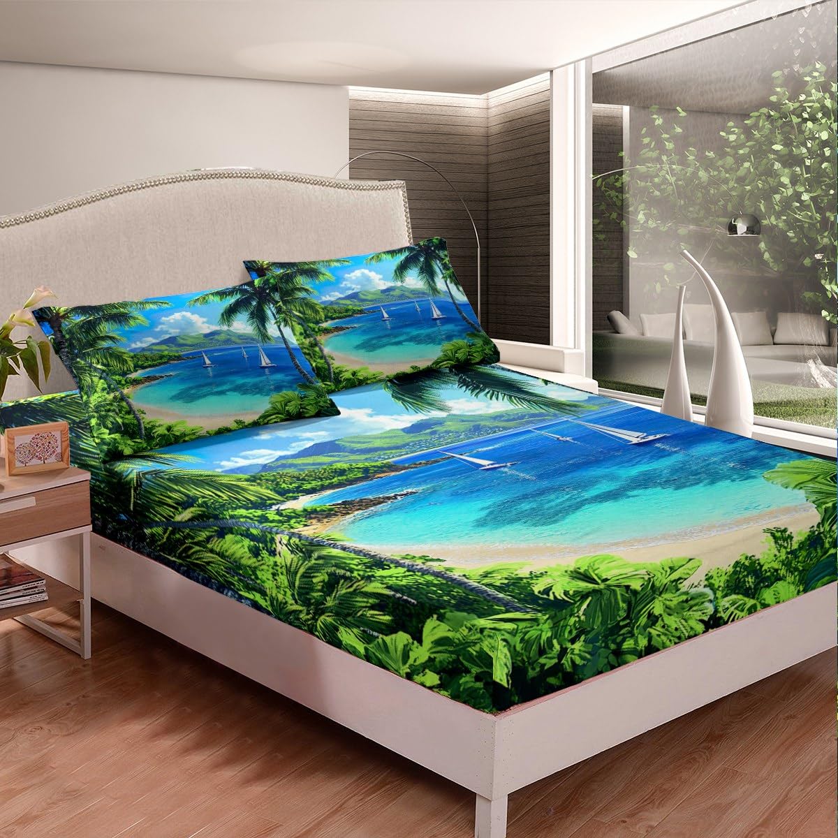 jejeloiu Beach Theme Fitted Sheet Full Size Kids Palm Leaf Bed Sheets Set for Boys Girls Teens Summer Ocean Wave Sailboat Printed Bedding Set Room Decor