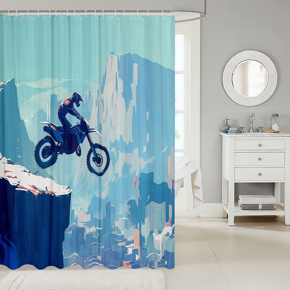 Feelyou Boys Girls Dirt Bike Shower Curtain Racing Motocross Bath Curtain Motorcycle Bathroom Shower Curtain Set Kids Motorbike Teens Bathroom Accessories Bedroom Decor 72"x84"