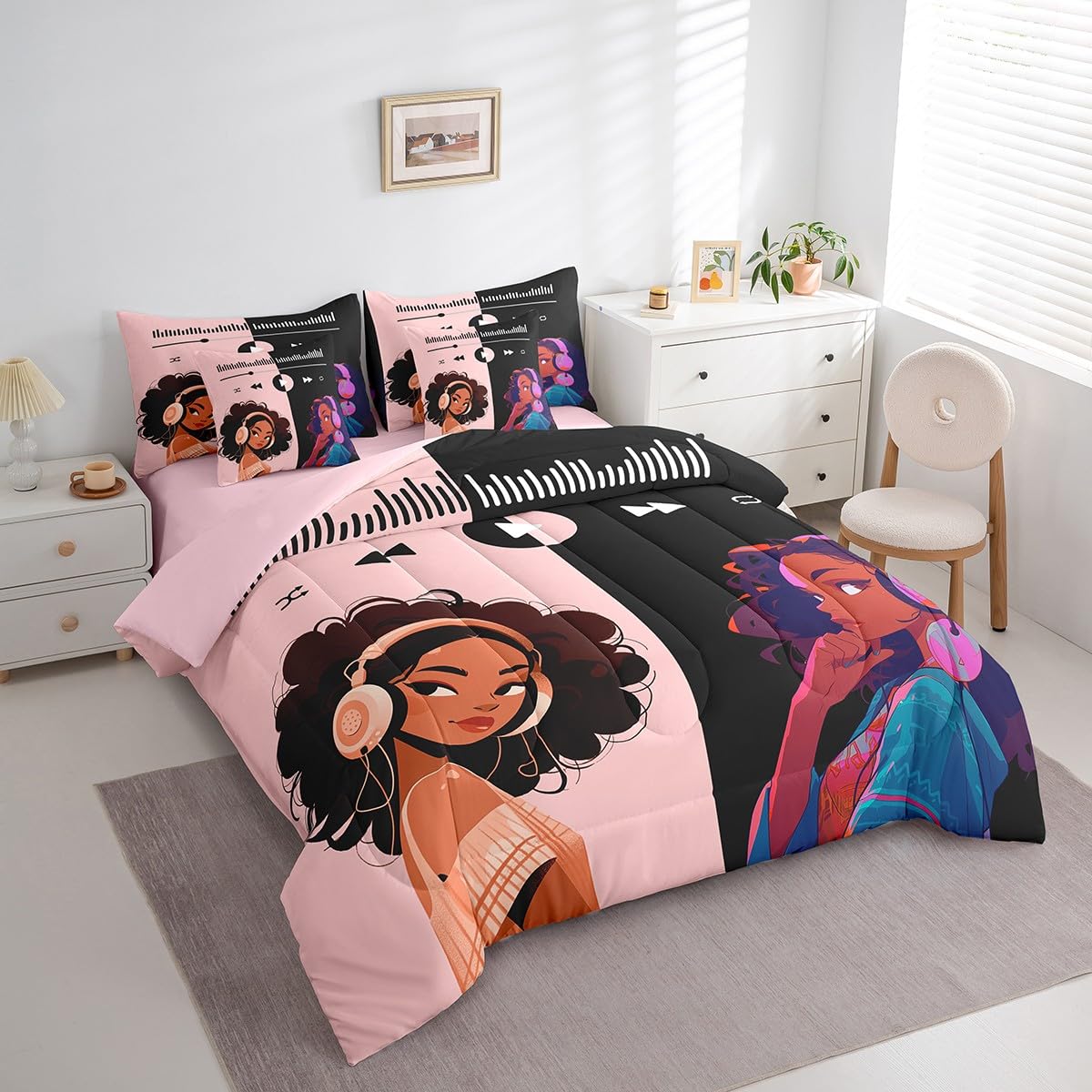 Castle Fairy Black Girls 7Pcs Comforter Set Full Size,Africa Woman American Bedding Sets for Kids Girls Boys,Music Bed in a Bag Pink and Black Fitted Sheet Flat Sheet,2 Throw Pillow 2 Pillowcases