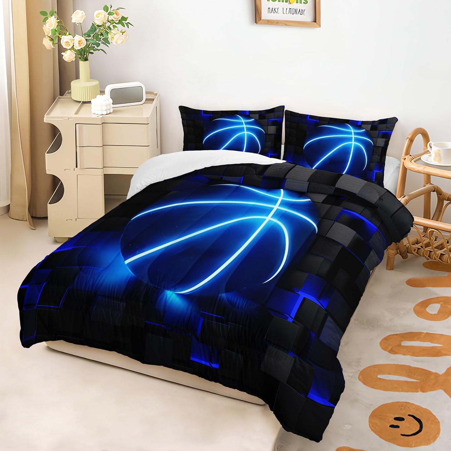 lneffble 3Pcs Football Comforter Set Twin Size for Teen Boys Girls,Soccer Quilt Set,Blue Black Honeycomb Comforter Set, 3D Geometric Grid Theme Ball Sport Bedding Set