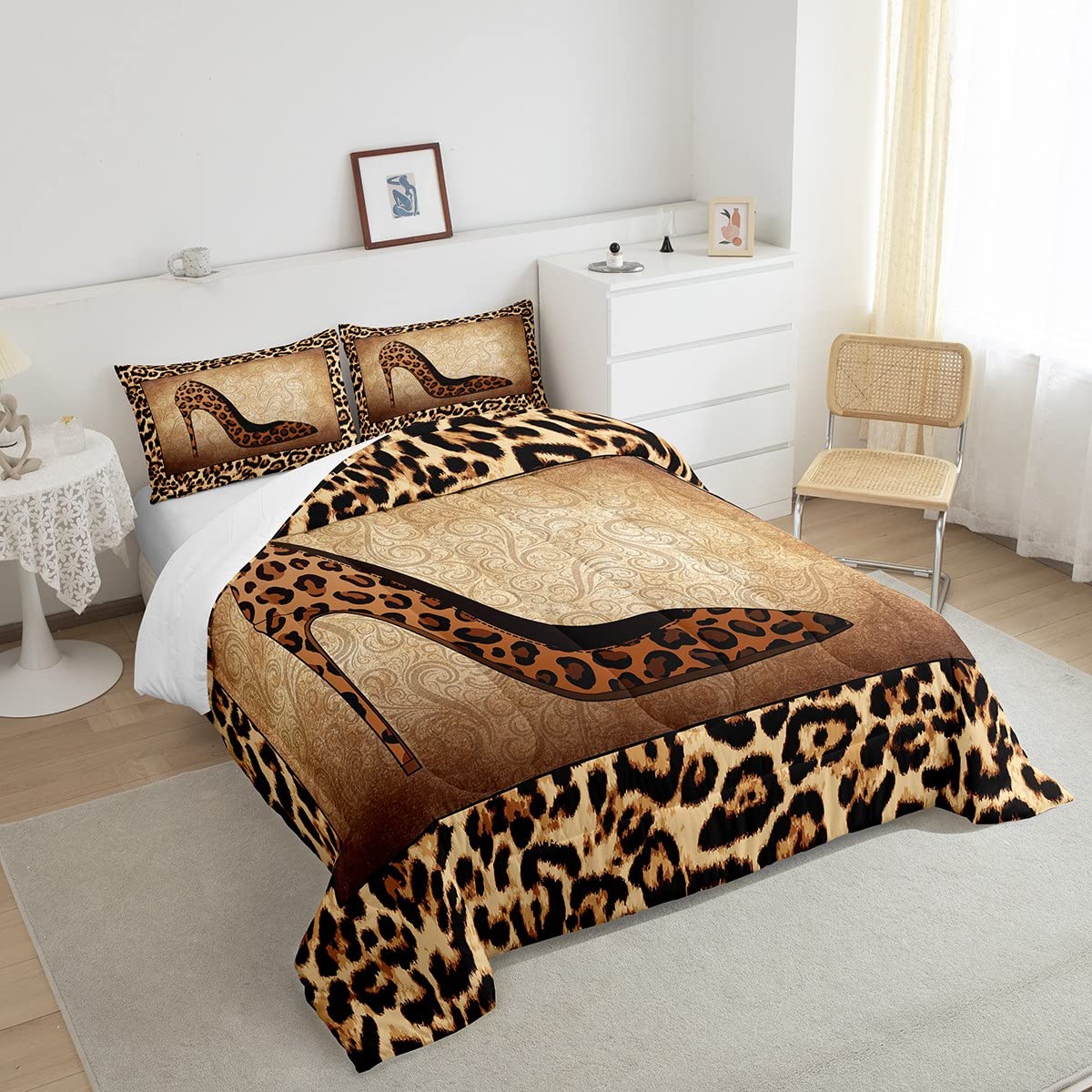 Leopard High Heels Bedding Set Full Size Romantic Mandala Floral Comforter Set 3pcs for Kids Girls Women Adult Room Decor Wild Animals Skin Quilt Set Fashion Brown Duvet Insert,2 Pillowcases