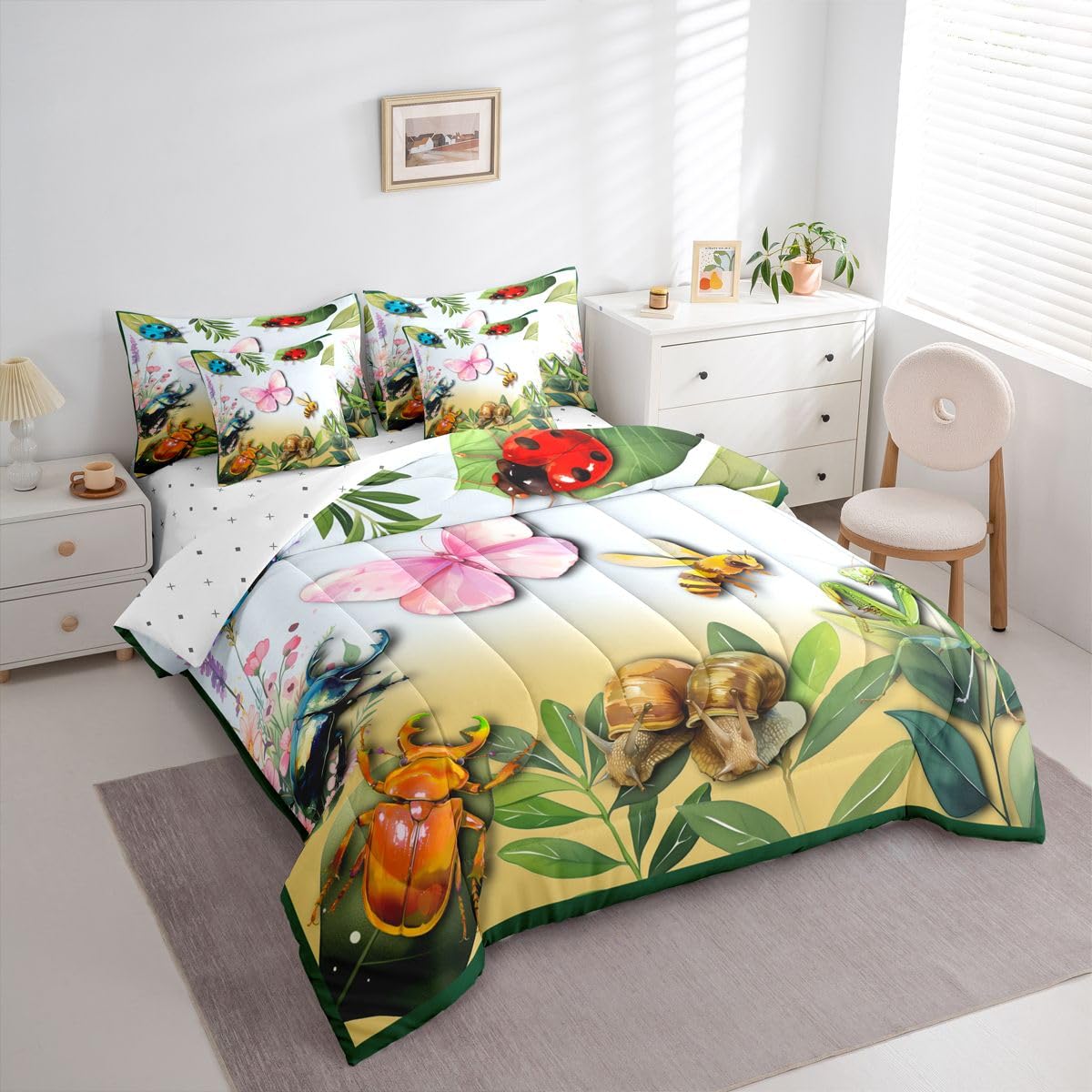 Erosebridal Butterfly 7 Piece Bedding Set Queen Ladybug Comforter Set with Sheets Bee Longhorn Beetle Snail Mantis Print Bed in a Bag Insect Theme Flowers Leaves for Kids Boys Girls