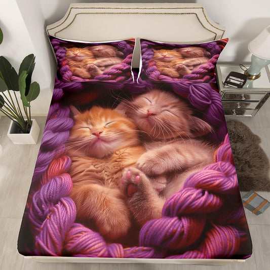 jejeloiu Cats Print Fitted Sheet with 1 Pillowcase Twin Size Animal Bed Sheets Set 16" Deep Pocket Boys Girls Purple Bedding Cute Kitten Teens Bedroom Decor Breathable Lightweight Microfiber