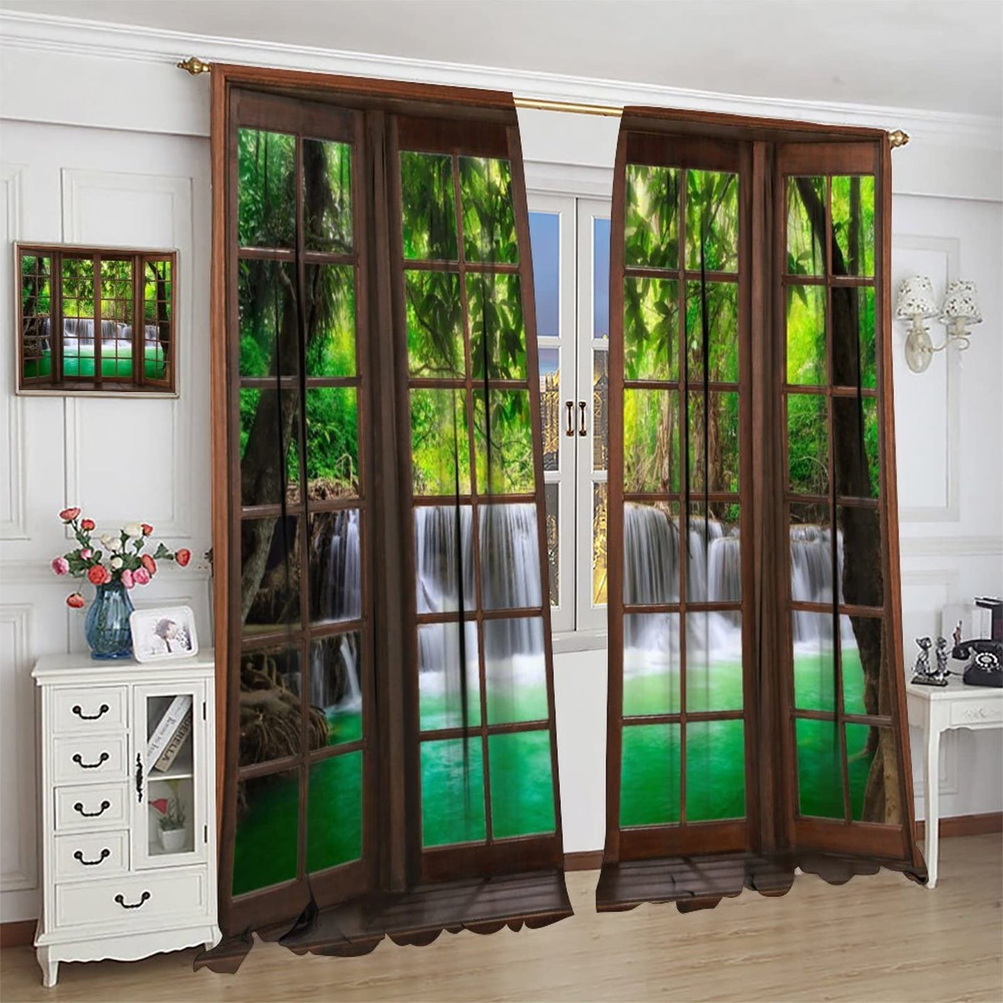SENRUEGT Natural Landscape Window Curtains, 3D Spring Forest Waterfall Nature Scenery Print Bedroom Living Room Kitchen Window Treatments Drapes 42x45 Inch